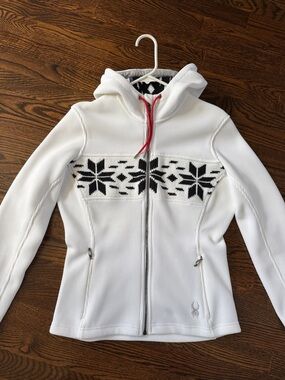 Spyder White Hooded Zip Jacket with Black Nordic Panel and Red Drawcord